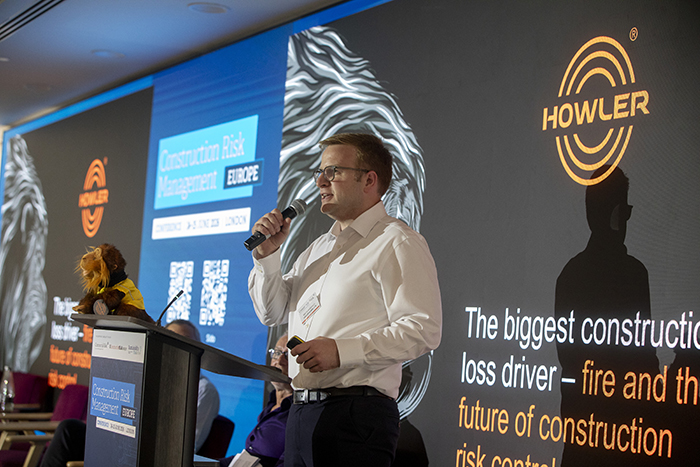 Martin Woodfield, Technical Director at Howler, presenting on early engagement and construction fire risk at the Construction Risk Management Europe Conference 2026 in London.