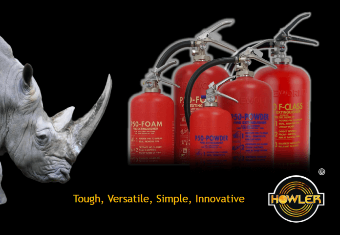 Rhino Next To Range Of Fire Extinguishers
