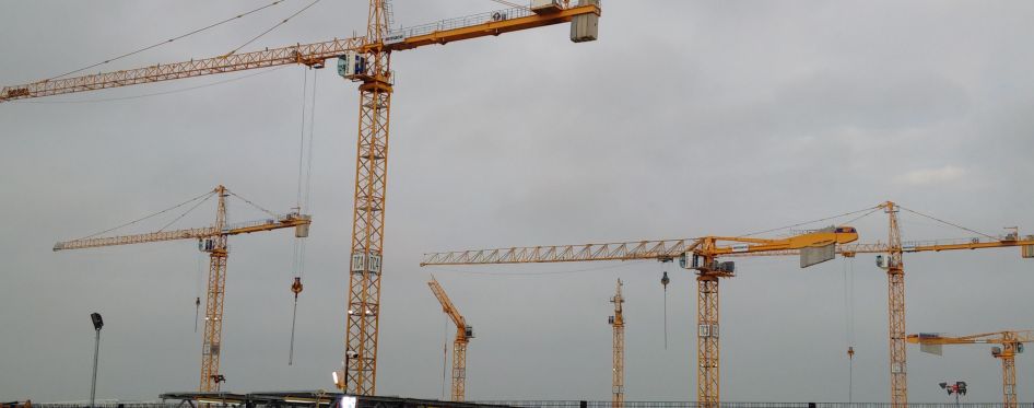 Yellow Cranes Against Cloudy Sky