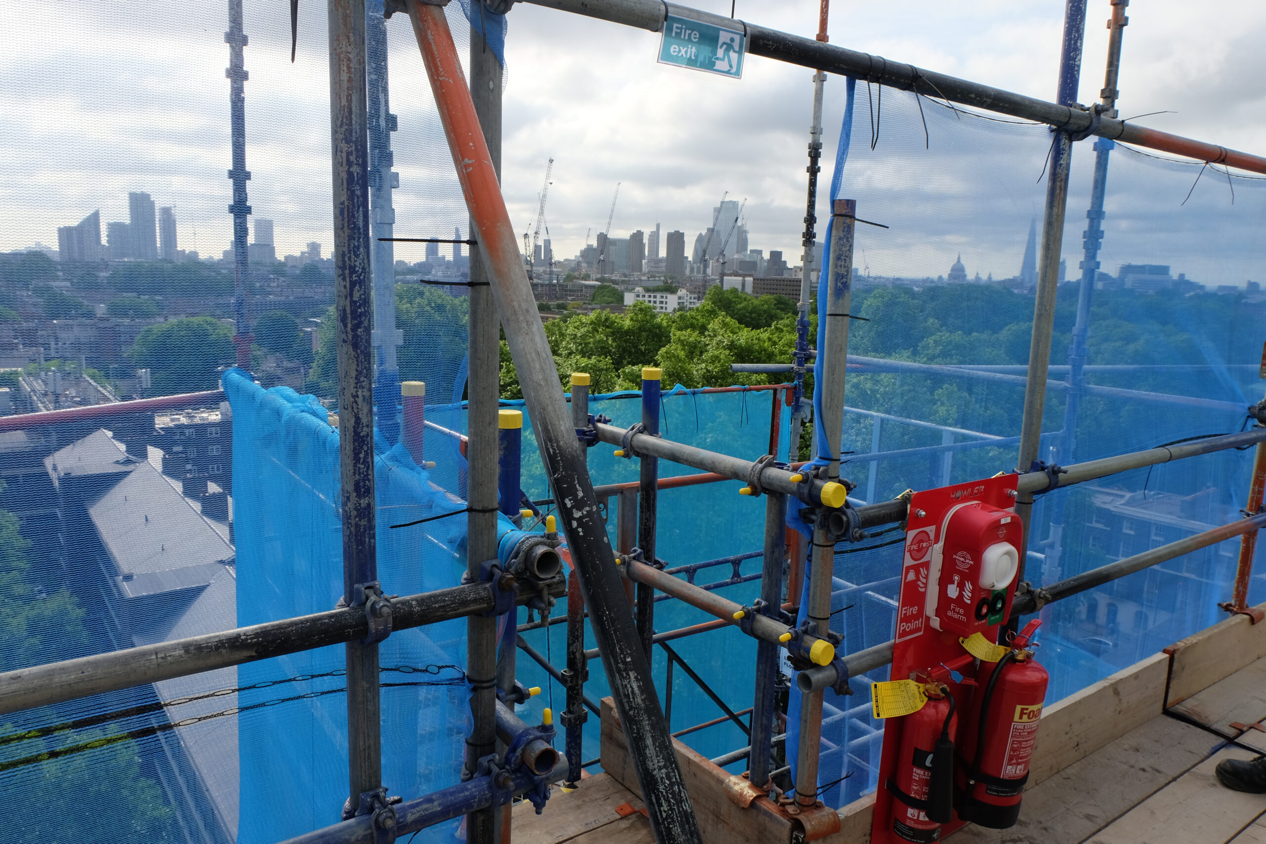 howler scaffpost fire point with prolink and two fire extinguishers at cromer estate london