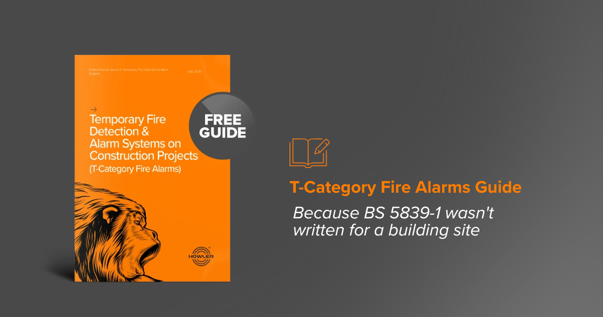 T-Category Fire Alarms Guide cover — best practice guide to temporary fire detection and alarm systems on construction projects